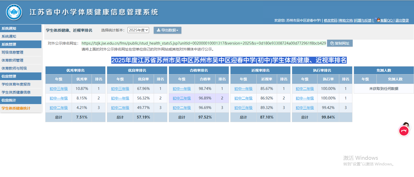 2025年度江苏省苏州市吴中区苏州市吴中区迎春中学(初中)学生体质健康、近视率排名