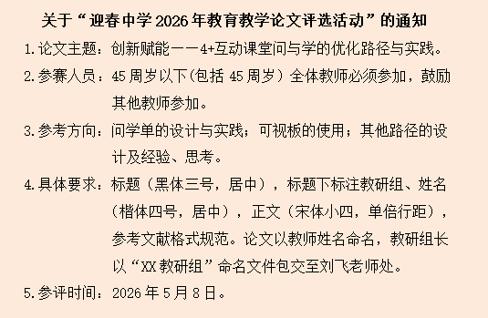 【喜报】2026年迎春中学“4+互动课堂问与学的优化路径与实践”论文评选结果揭晓！